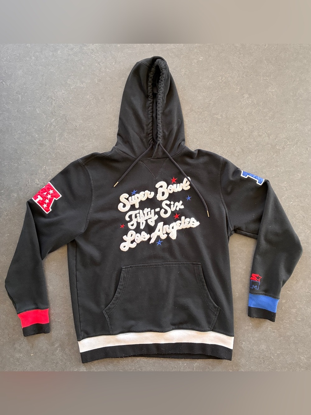 STARTER Black Crewneck Hoodie with White Script & Red/Blue Sleeve Accents